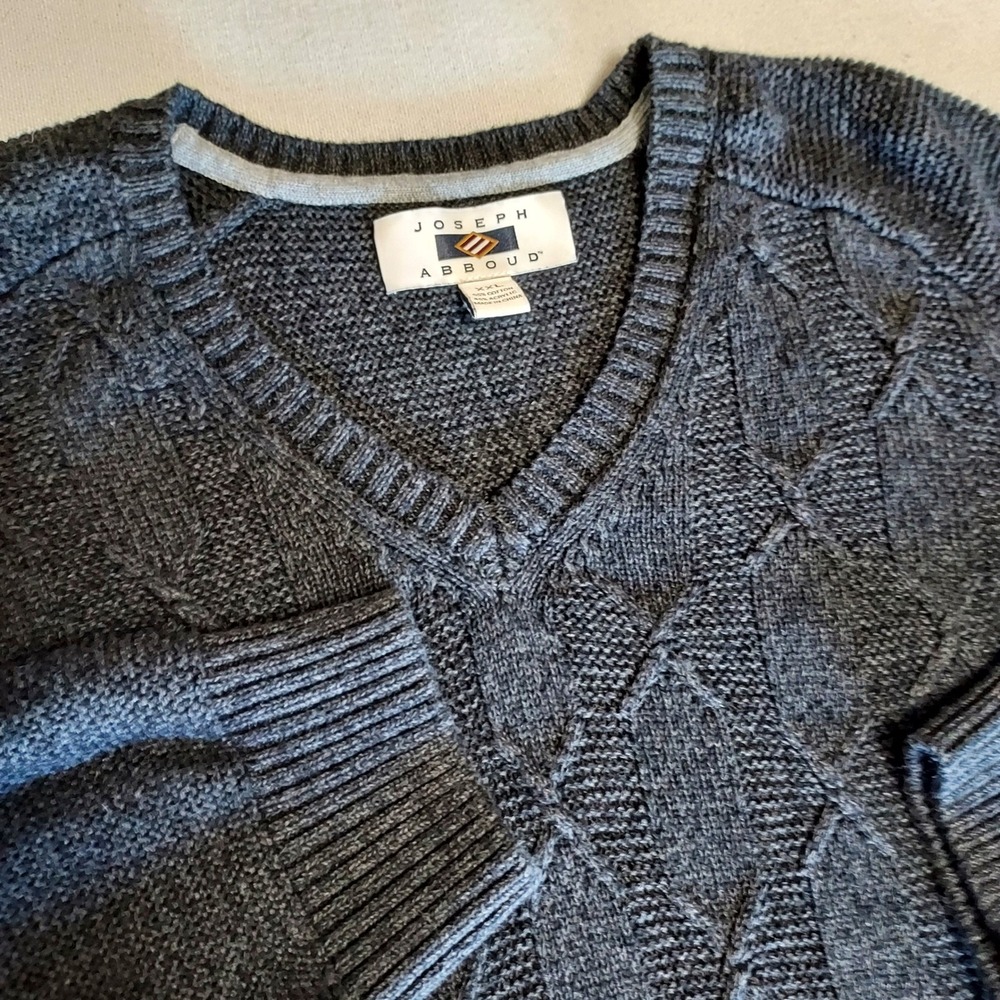 Joseph Abboud Mens V Neck Sweater‎ XXL Gray Cable Knit Cotton Blend
